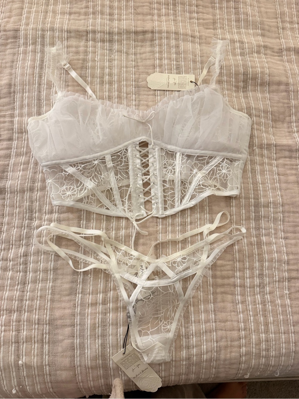 For Love & Lemons bridal lingerie White Lace Bustier and Strappy Thong Set